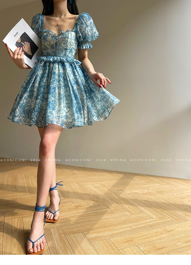 Aconiconi Elegant Blue French Print Short Princess Dress- Blue Ocean Whisper S / Blue Aconiconi Elegant Blue French Print Short Princess Dress- Blue Ocean Whisper S / Blue