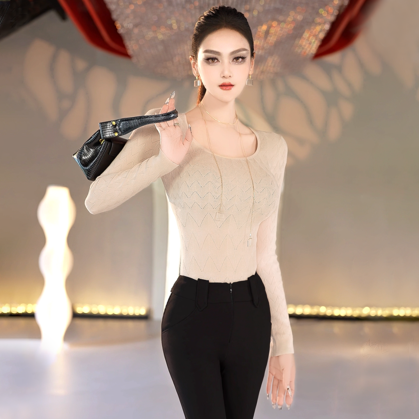 VJE  Crew Neck Chic Crochet Slim Bottom Long Sleeve Top - DIDI.