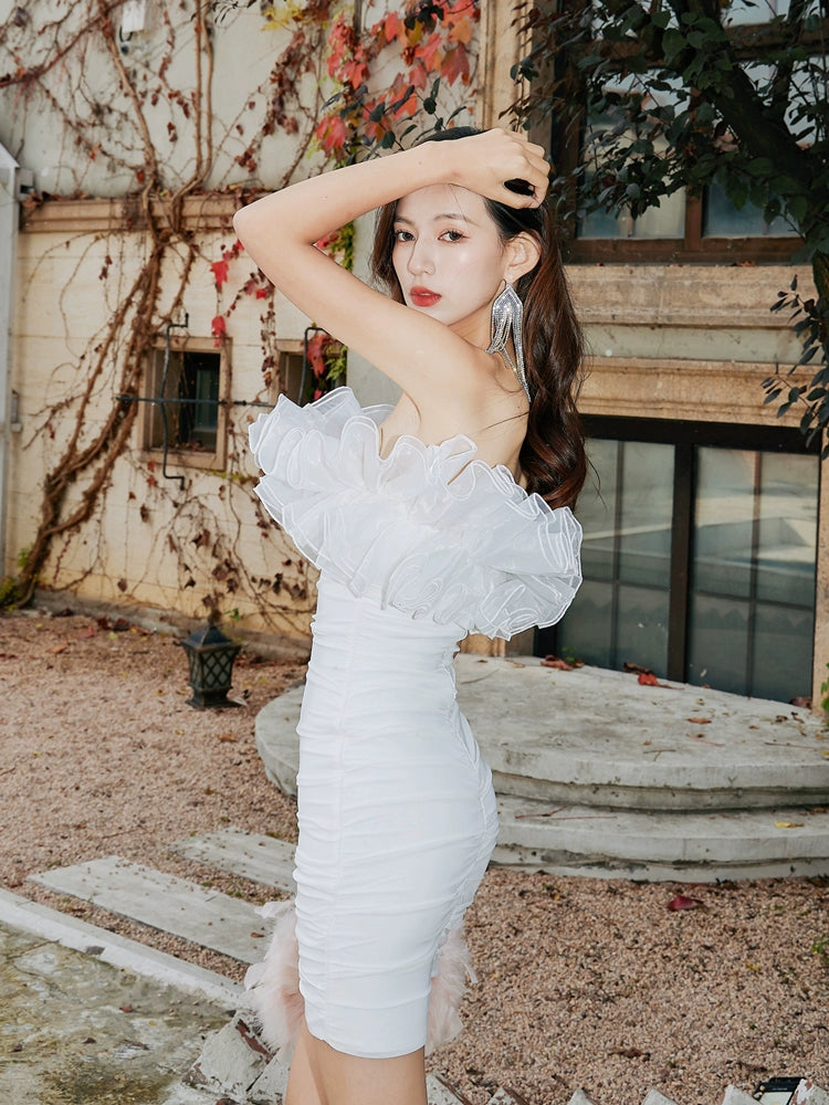 DOLLY Elegant White French Style Ruffled Off Shoulder Short Birthday Dress-AMA