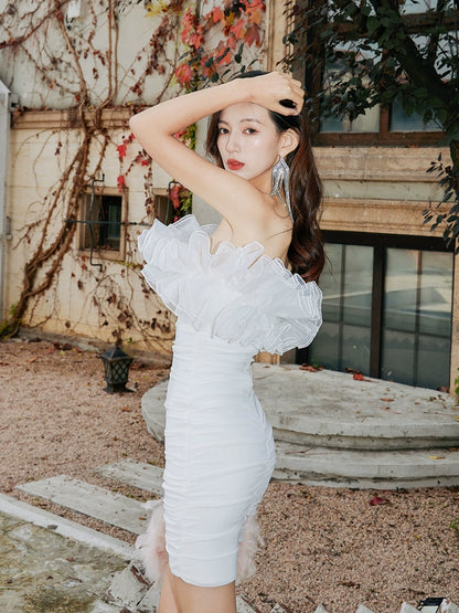 DOLLY Elegant White French Style Ruffled Off Shoulder Short Birthday Dress-AMA