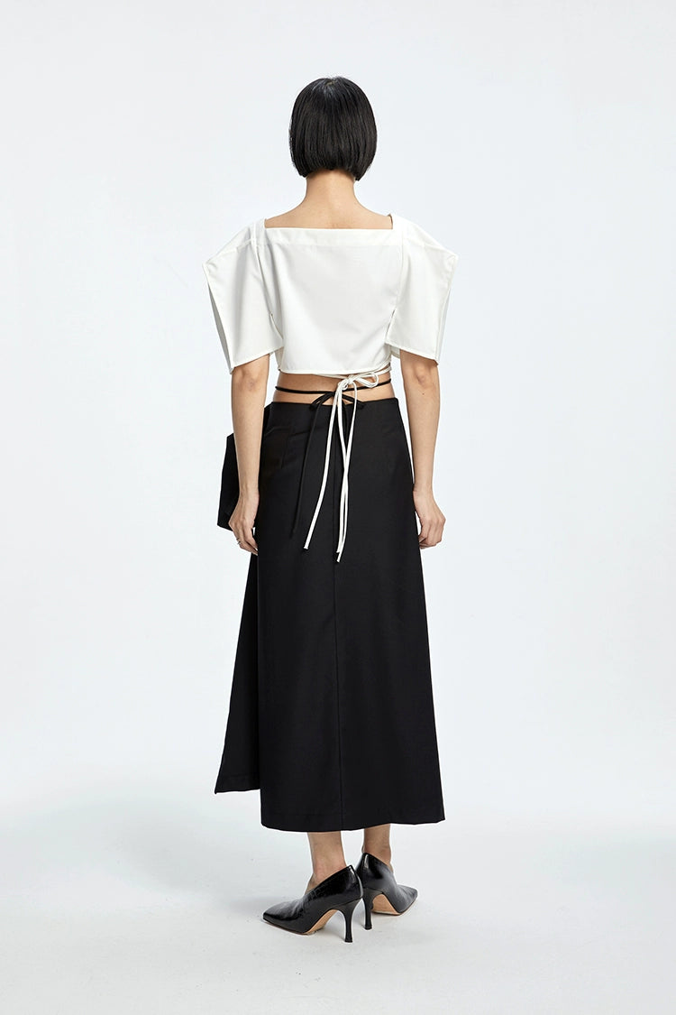 Tiny in three-dimensional square sleeve cross collar tie irregular shirt top women's short -CAM