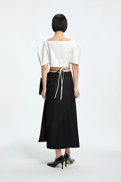 Tiny in three-dimensional square sleeve cross collar tie irregular shirt top women's short -CAM