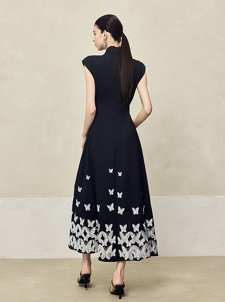 HECO Jacquard Acetate Hollow Stand Collar Thin A-line  Black White Dress Women - WEIGHT.