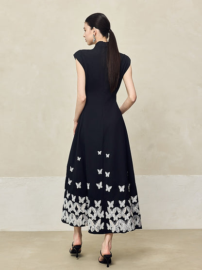 HECO Jacquard Acetate Hollow Stand Collar Thin A-line  Black White Dress Women - WEIGHT.