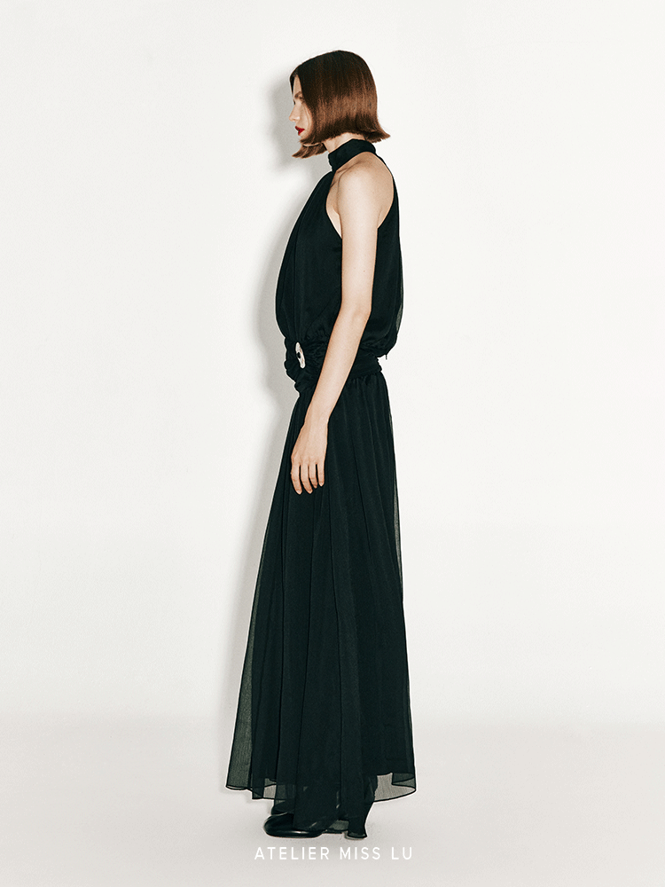 ATELIER MISS LU Flowy Multi-layered Halterneck Low-waisted Black Gown - BIANCA