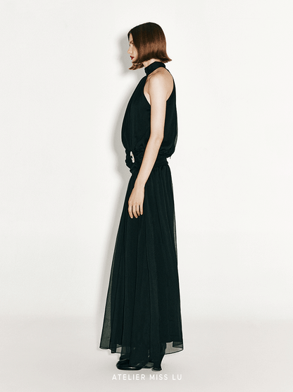 ATELIER MISS LU Flowy Multi-layered Halterneck Low-waisted Black Gown - BIANCA