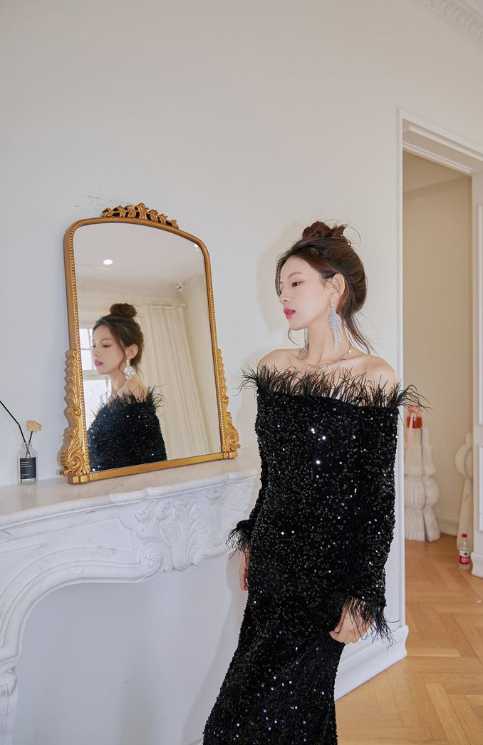 DOLLY Luxury Black Off Shoulder Feather Sequin Tube Top Long Evening Dress-LORELEI