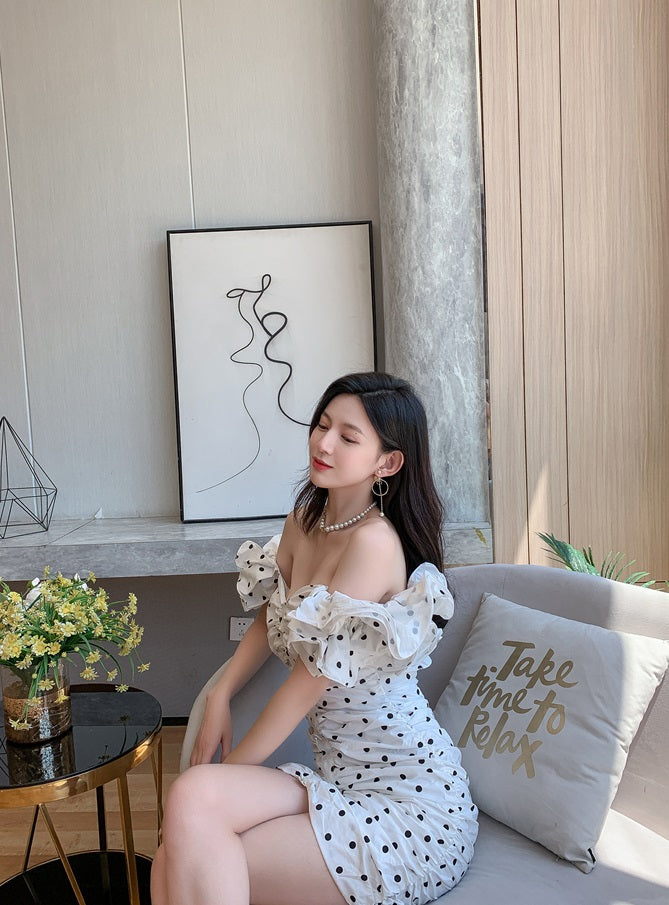 DOLLY Elegant White Off Shoulder Short Puff Sleeve Slim Fit Short Polka Dot Dress-MINA