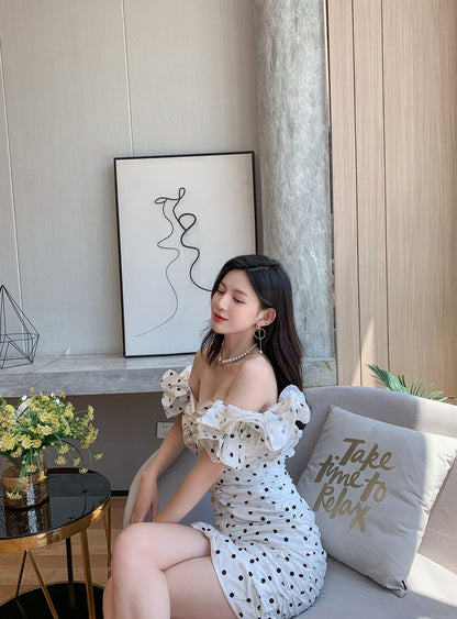 DOLLY Elegant White Off Shoulder Short Puff Sleeve Slim Fit Short Polka Dot Dress-MINA
