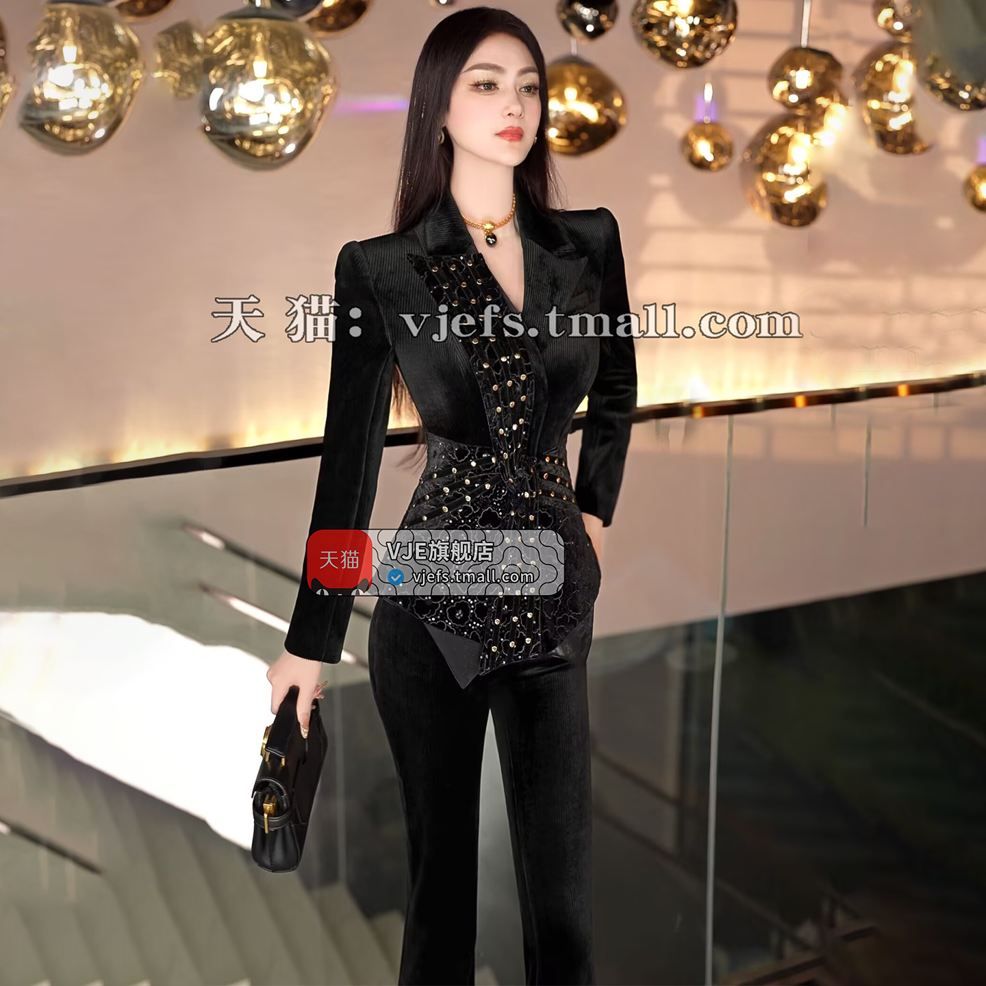 VJE Thickened Velvet Jacket Flared Pants Two-Piece Set Suit-NINI.
