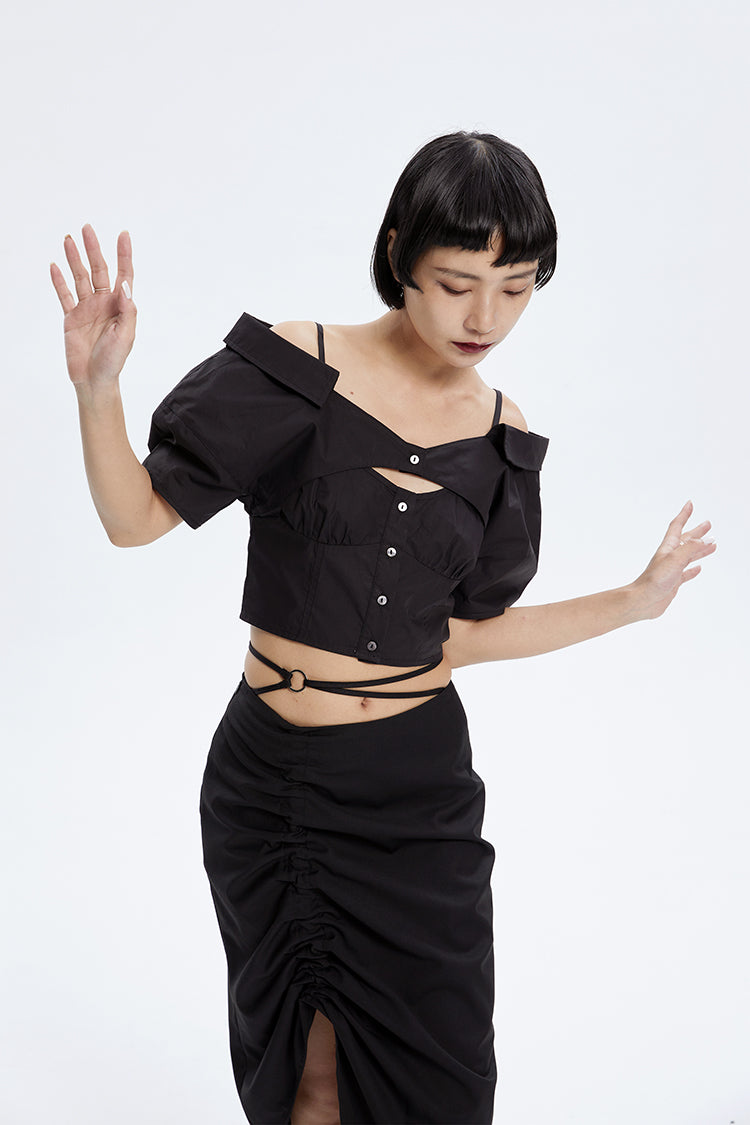 TINY IN stitched off-the-shoulder cut-out ultra-cropped women's shirts- CART