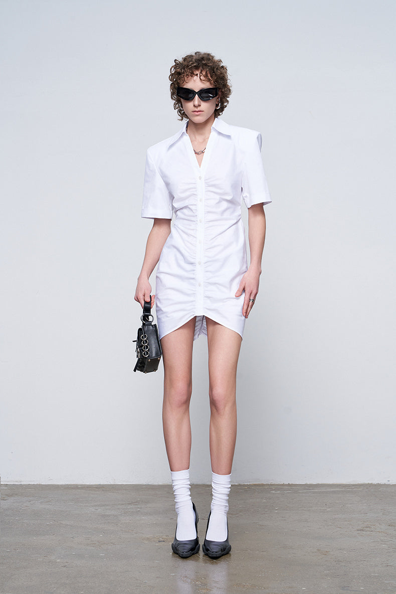 ANNAKIK Black and white pleated waist V-neck dress-FANSIA