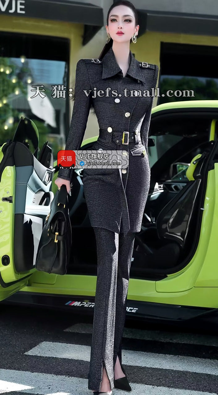 VJE slim trench coat jacket micro flared pants two-piece set - YAN.