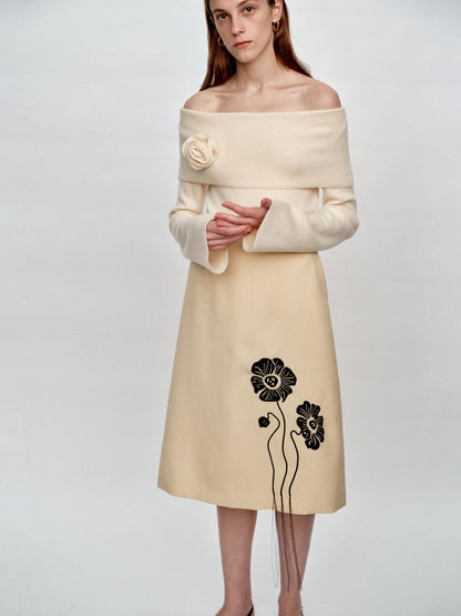 SERRER Flower embroidery nail beads pale yellow fringed umbrella skirt - FUNMI.