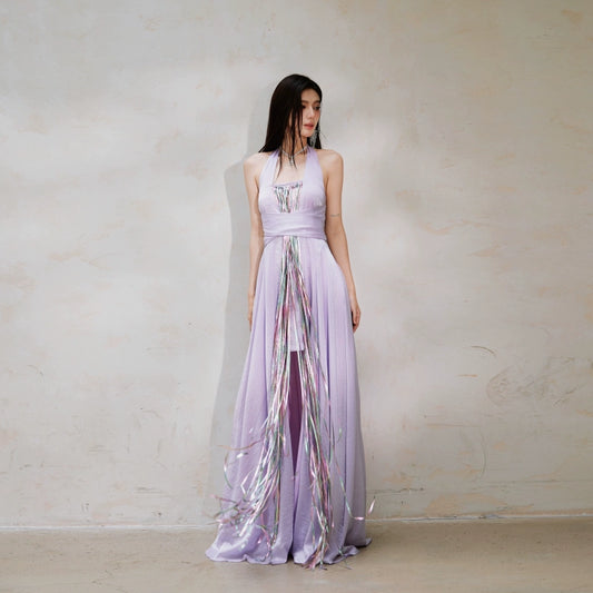 DOLLY Luxury Purple Halter Neck Backless Tassel Sexy Long Party Dress-Babe