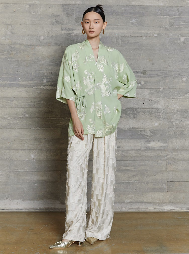 HECO jacquard loose thin wide-leg high waisted black pink apricot PANTS women - PURPOSE.