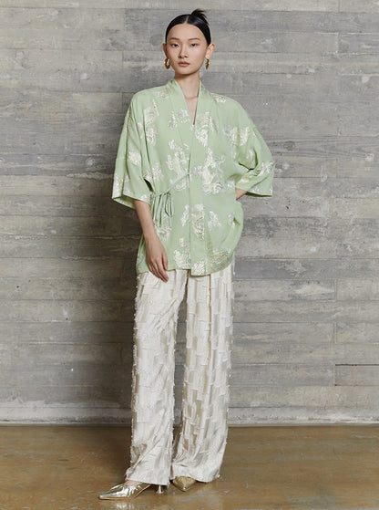 HECO jacquard loose thin wide-leg high waisted black pink apricot PANTS women - PURPOSE.