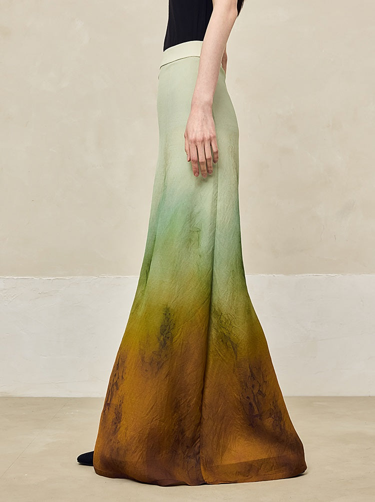 HECO Blended Chiffon Drape A-line High waist Yellow Green Thin Skirt Women - DEPTH.