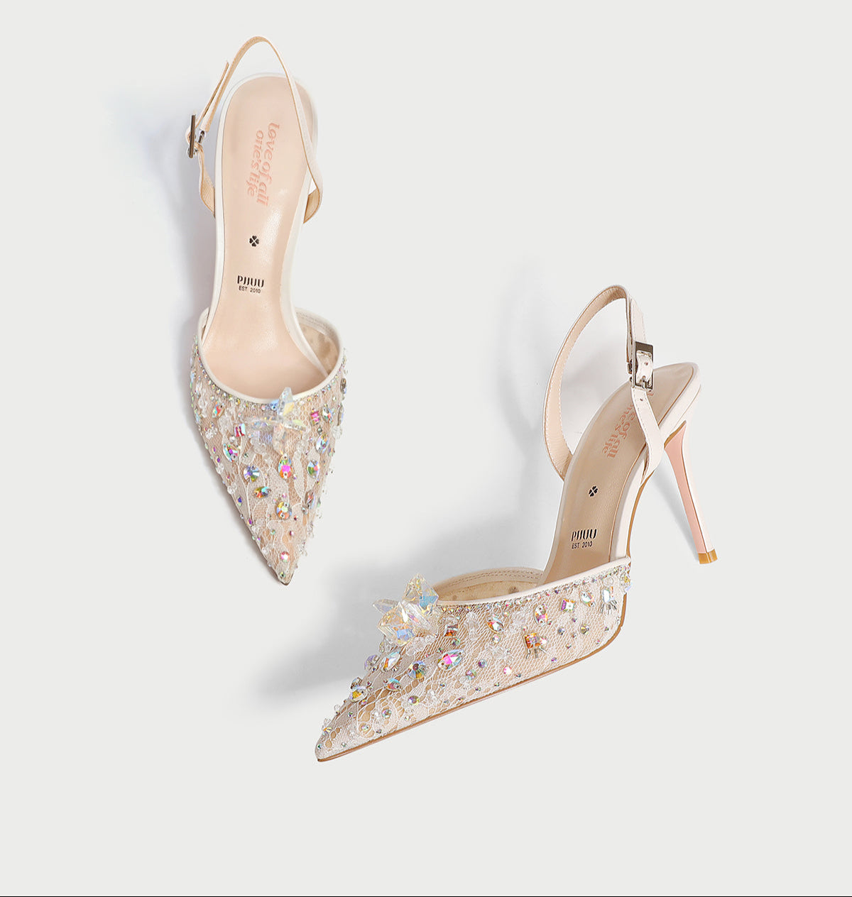 Pjjuu pointy toe formal Lace Rhinestone bridal wedding sling back stiletto heels  - AWEH