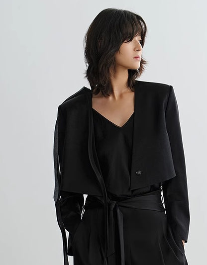 COMME MOI Lv Yan Designer Summer Women's Acetate Double-Sided Satin Collarless Short Suit - EMERY.