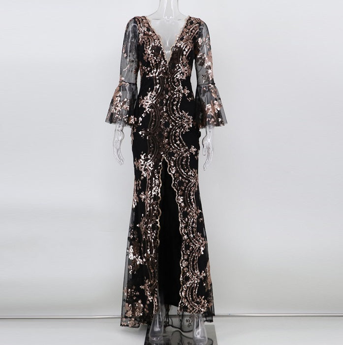 DOLLY Elegant V-Neck Long Sleeve Sequin Hip Flared Fish Tail Banquet Dress-MAY