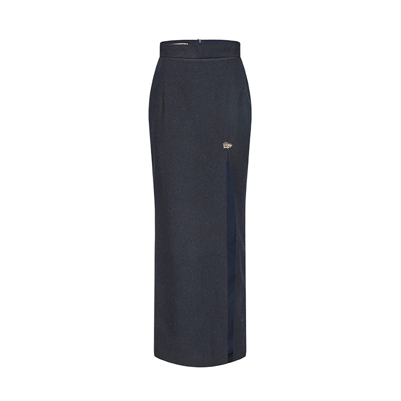 Le Palais Vintage Luxury Navy Blue Lapel Long Sleeve Suit + Long Slit Skirt-ZANE.