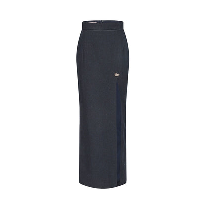 Le Palais Vintage Luxury Navy Blue Lapel Long Sleeve Suit + Long Slit Skirt-ZANE.