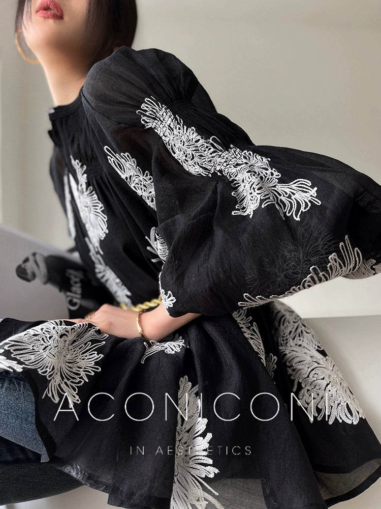 Aconiconi Elegant V-Neck Lantern Sleeve Embroidered Loose Holiday Dress-Priye Aconiconi Elegant V-Neck Lantern Sleeve Embroidered Loose Holiday Dress-Priye