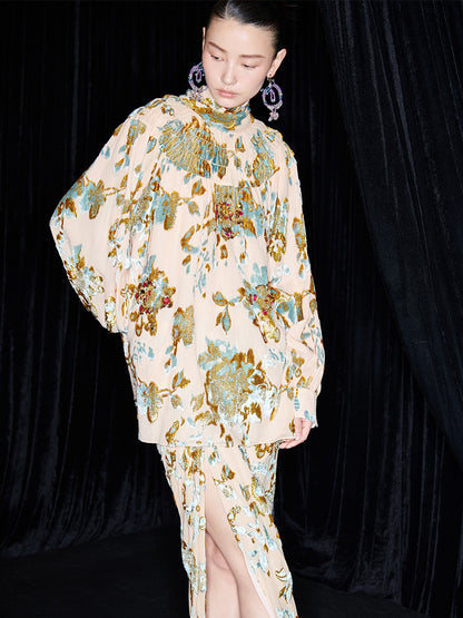 M essential Mackay designer Qili burnt floral velvet dense pleated lace-up loose top - PETER.