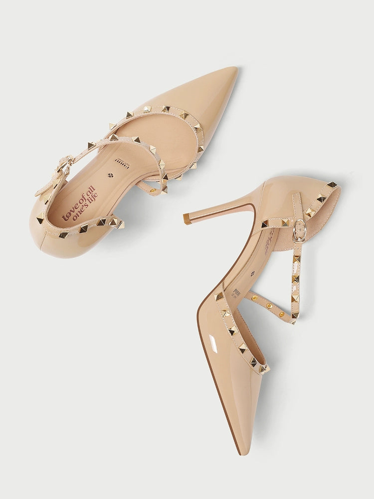 PJJUU Summer leather strappy stiletto nude toe studded heels - LEVI
