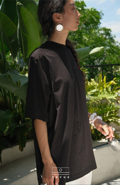 TUYUE embroidered loose black mercerized cotton moon T-shirt- DEAN.