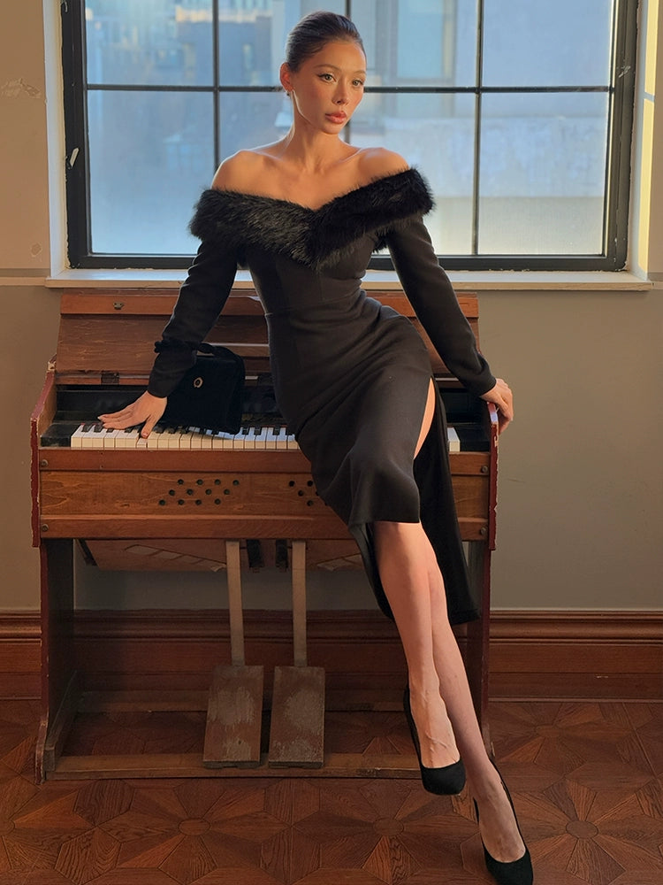 Le Palais Vintage  Elegant Black Fur Collar Off-the-shoulder Little Black Dress-MEE.