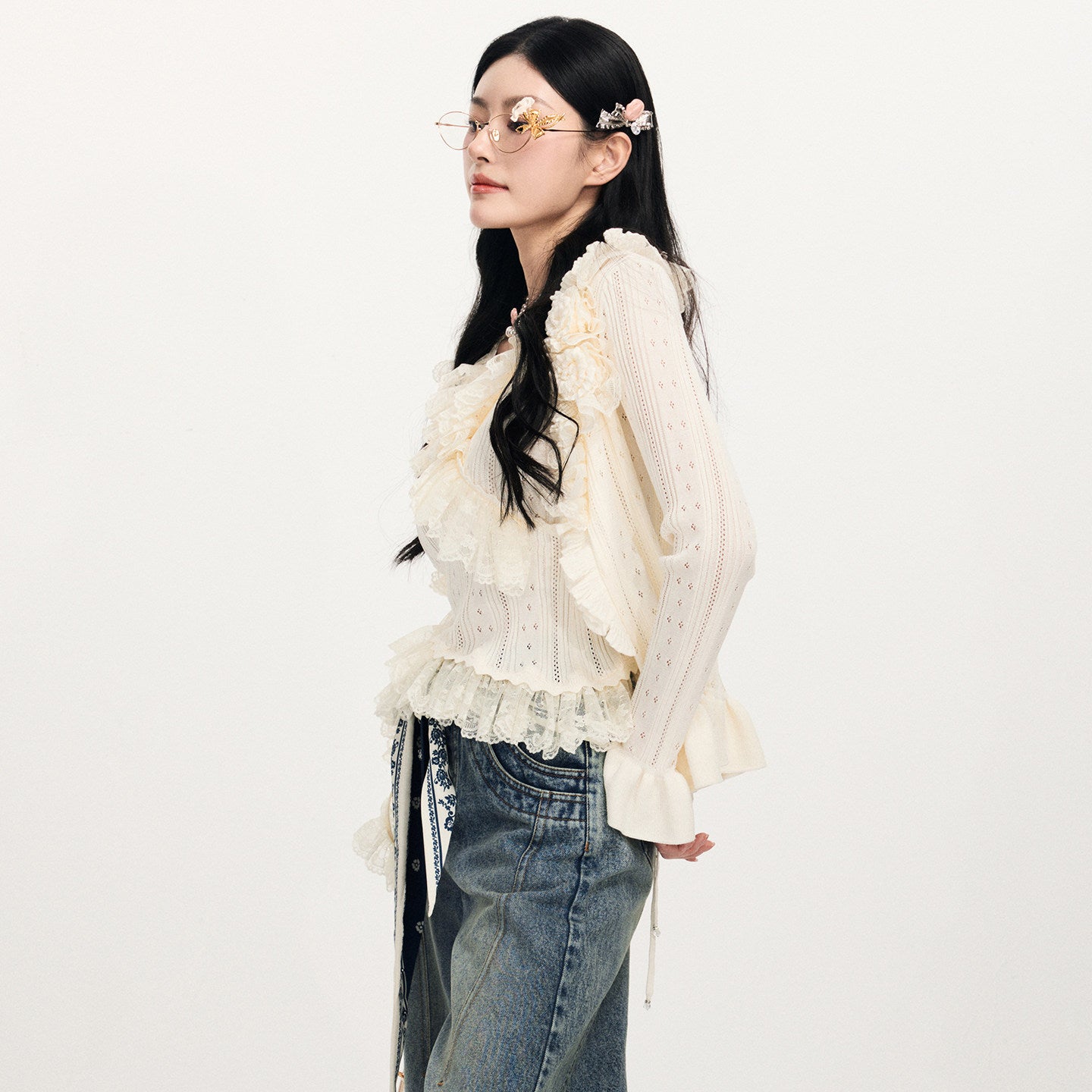 FAME Three-Dimensional Floral Ruffle Trim Lace Long Sleeve Knitted Sweater