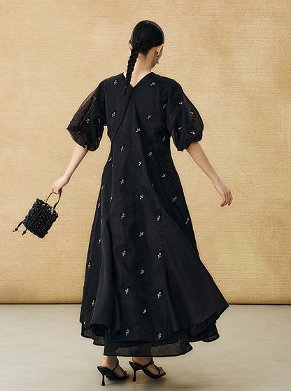 HECO  New Chinese Embroidered V-Neck Puff Sleeve Dress - CORAINE.