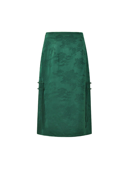 M essential Mackay designer emerald green Jacquard asymmetric top pants set - yellow.