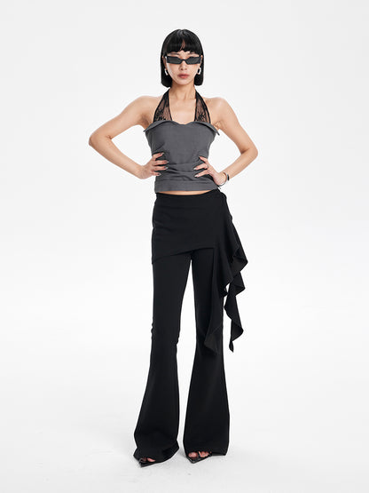 TINY IN  irregular sexy lace spliced gray halter neck top-FLORA