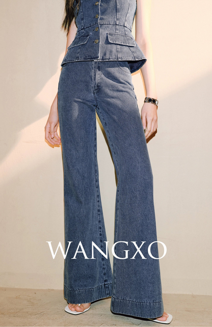 WANGXO Denim Suit Waist-Cinched Vest & Retro Flared Pants - VIOLA