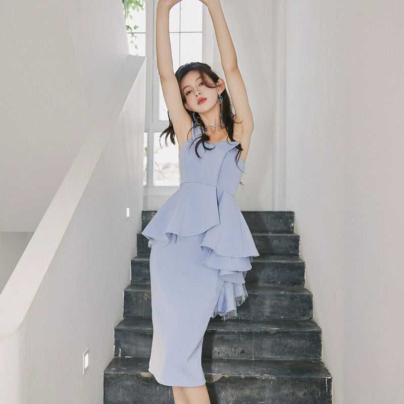 DOLLY High End Ruffled Fake Two Piece French Lace Off Shoulder Midi Office Dress-BRYONY