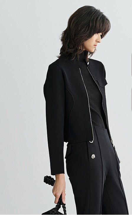 COMME MOI Lu Yan Designer's new women's small stand-up collar black knitted jacket - MEND.