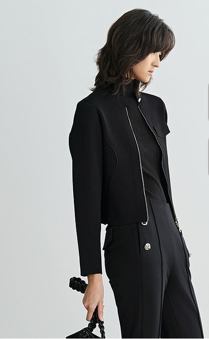 COMME MOI Lu Yan Designer's new women's small stand-up collar black knitted jacket - MEND.