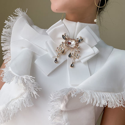 DOLLY Elegant White/Black Stand Collar Short Sleeve Slim Fit Short Fringe Dress-FRIYA