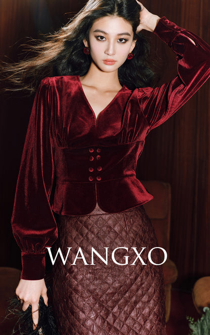 WANGXO | Light & Shadow Korean Velvet V-Neck Crop Top-LENA.