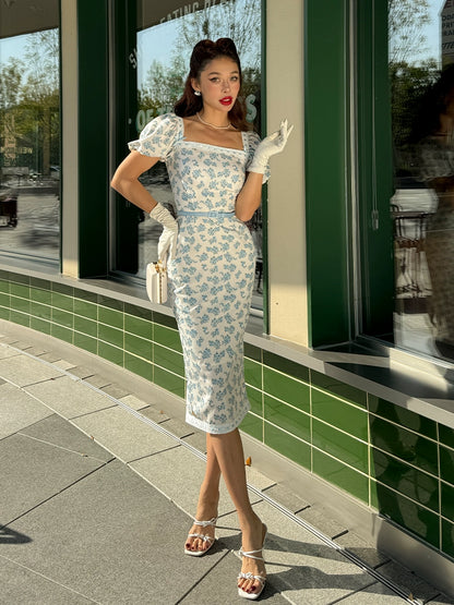 Le Palais Vintage blue floral princess square neck dress-ITSUKA