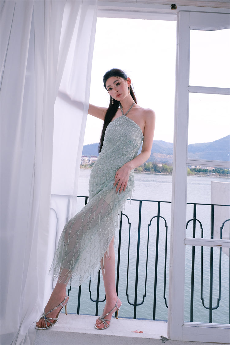 Wardrobes by Chen Elegant Green Halter Tassel cocktail party Dress-Zen