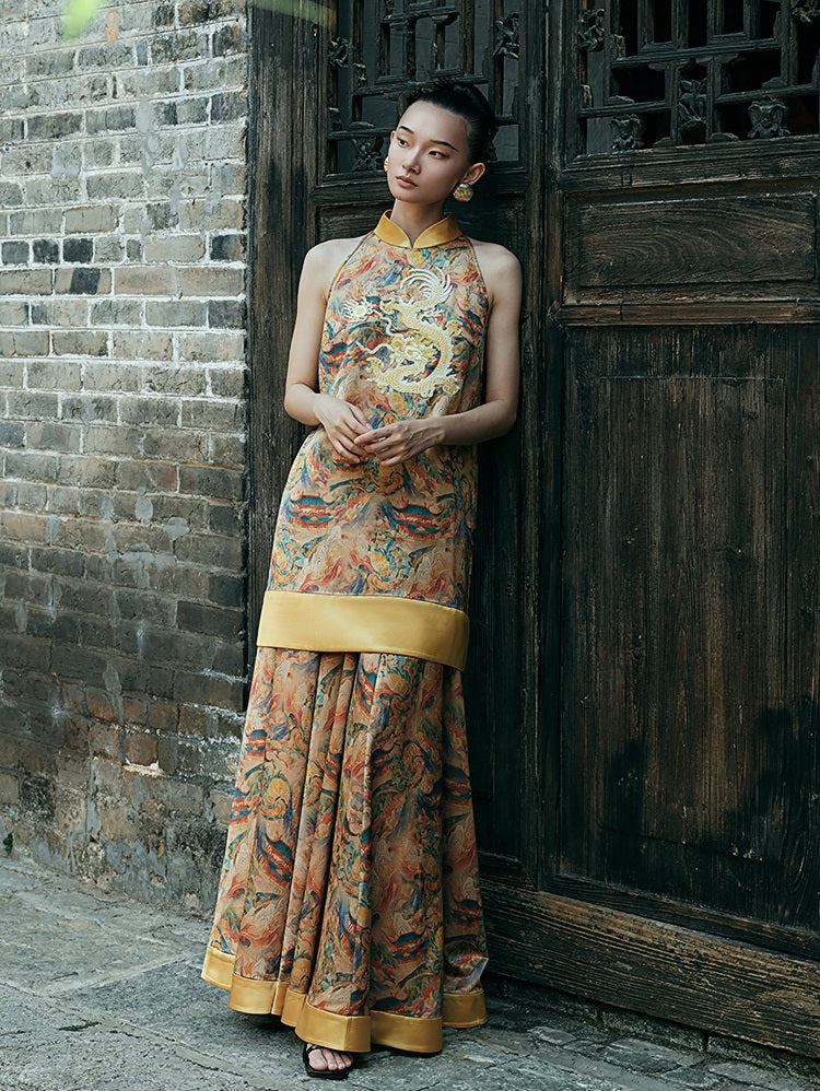 HECO Chinese Contrast Mural Big Swing Fishtail Skirt - MIGRO.