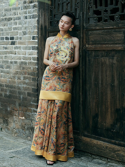 HECO Chinese Contrast Mural Big Swing Fishtail Skirt - MIGRO.