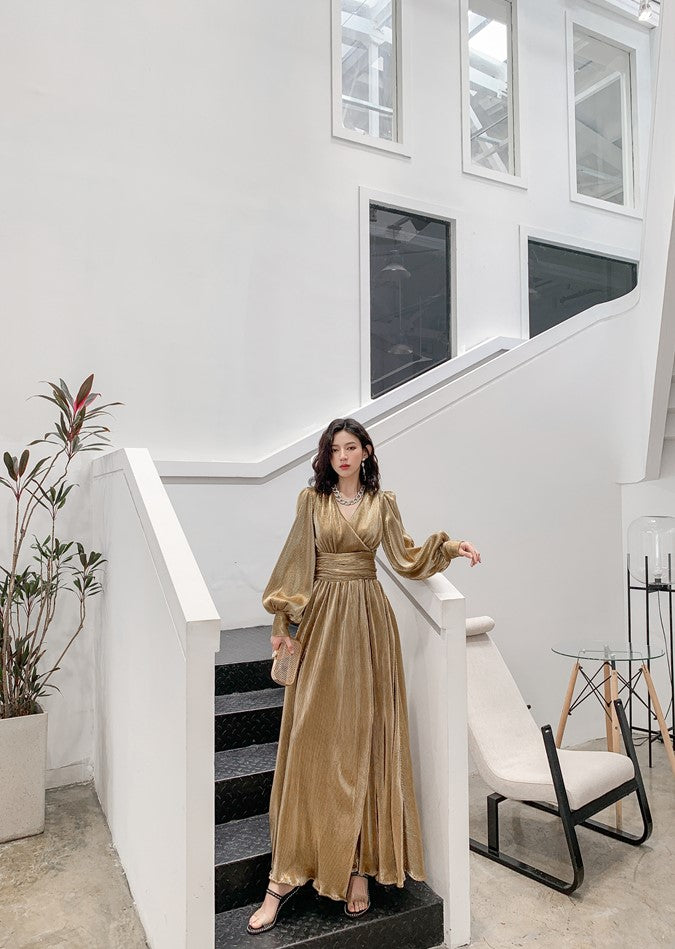 DOLLY Elegant Retro Gold Deep V-Neck Long Puff Sleeve Long Slit Award Dress-HUGO