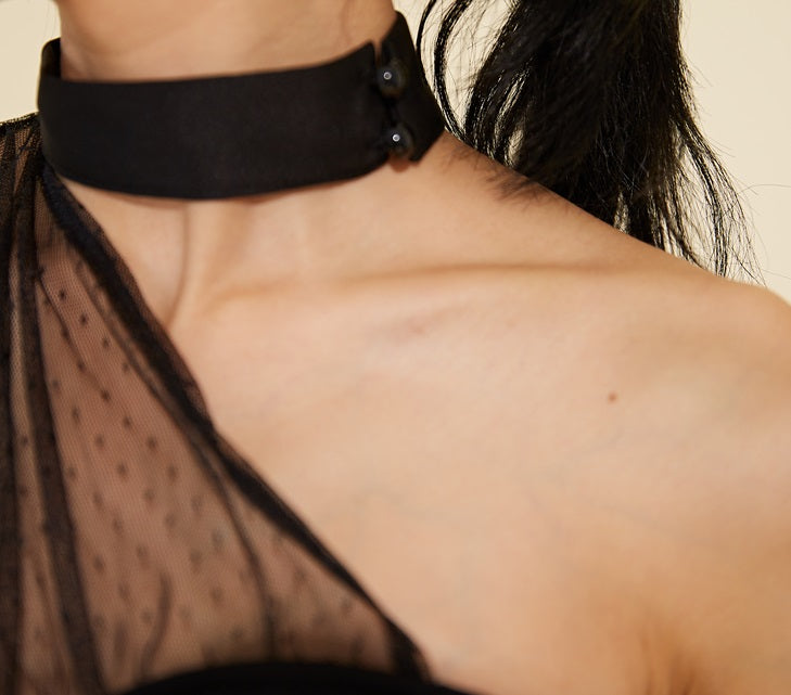 DOLLY Elegant Black One Shoulder Mesh Puff Long Sleeve Slim Fit Dinner Dress-AGNES