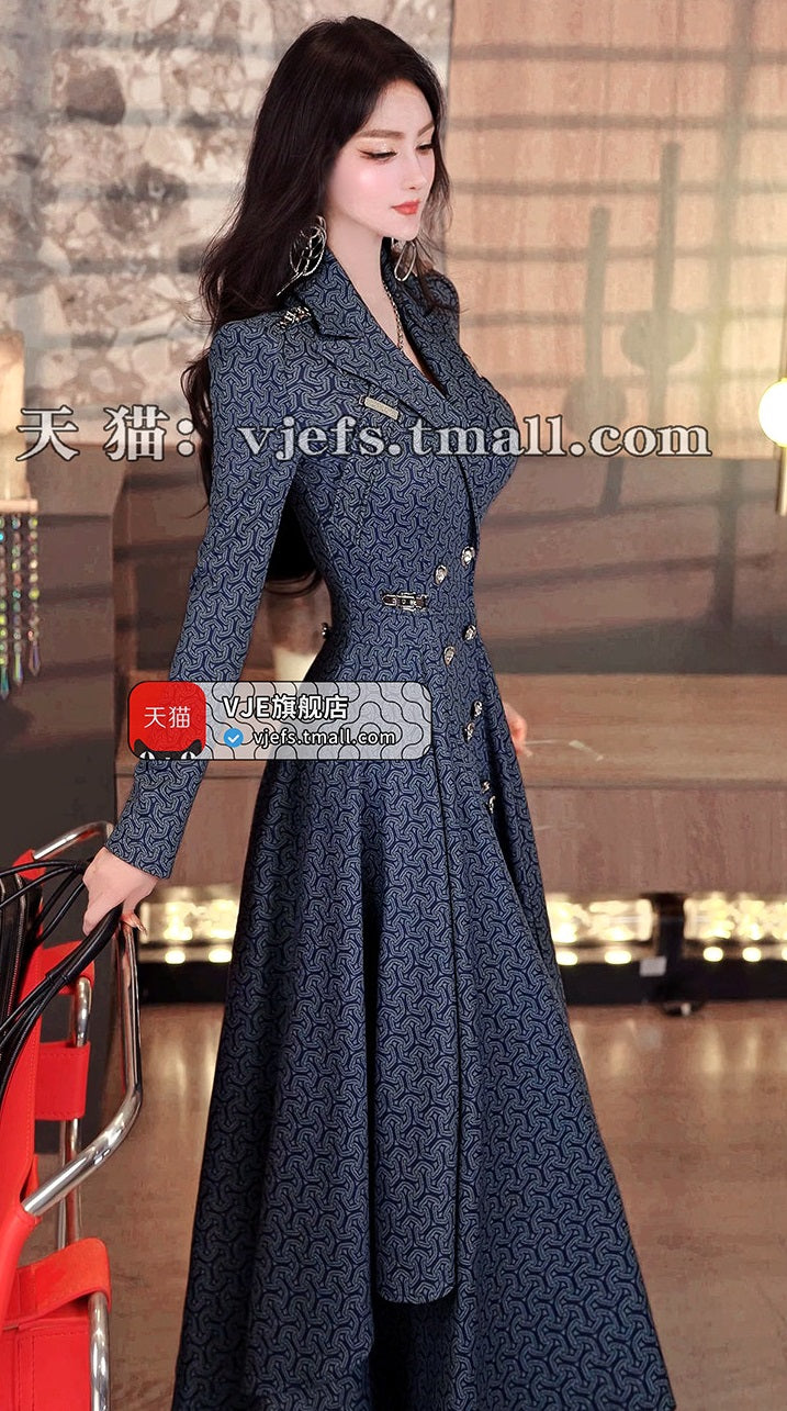 VJE Women's Printed Trench Coat Waist Double-breasted Jacket-JOJO.