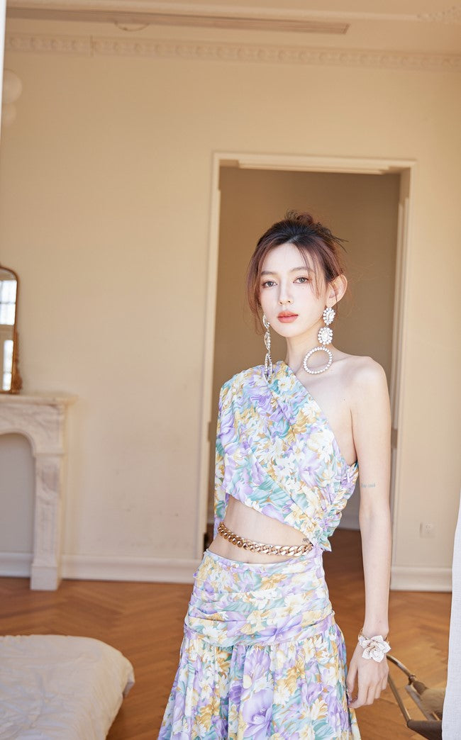 DOLLY Luxury French Style Floral One Sleeve Off Shoulder Waist Baring Slit Resort Dress-LYRA